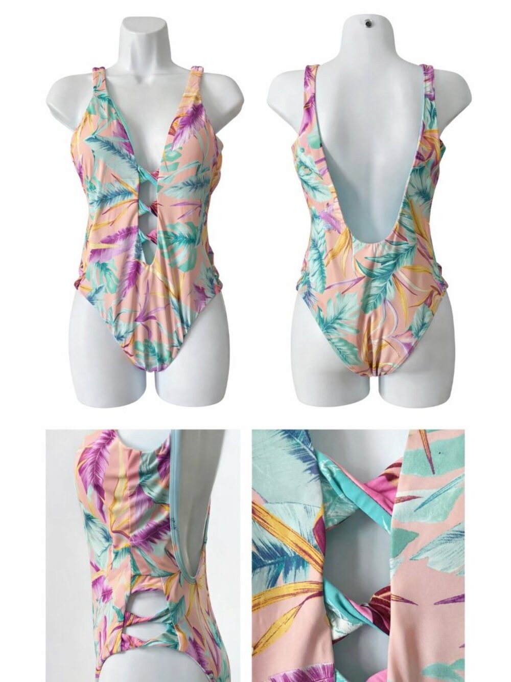 Bar III Palm Leaf Crisscross One‑Piece Swimsuit Tropical Cutout Design